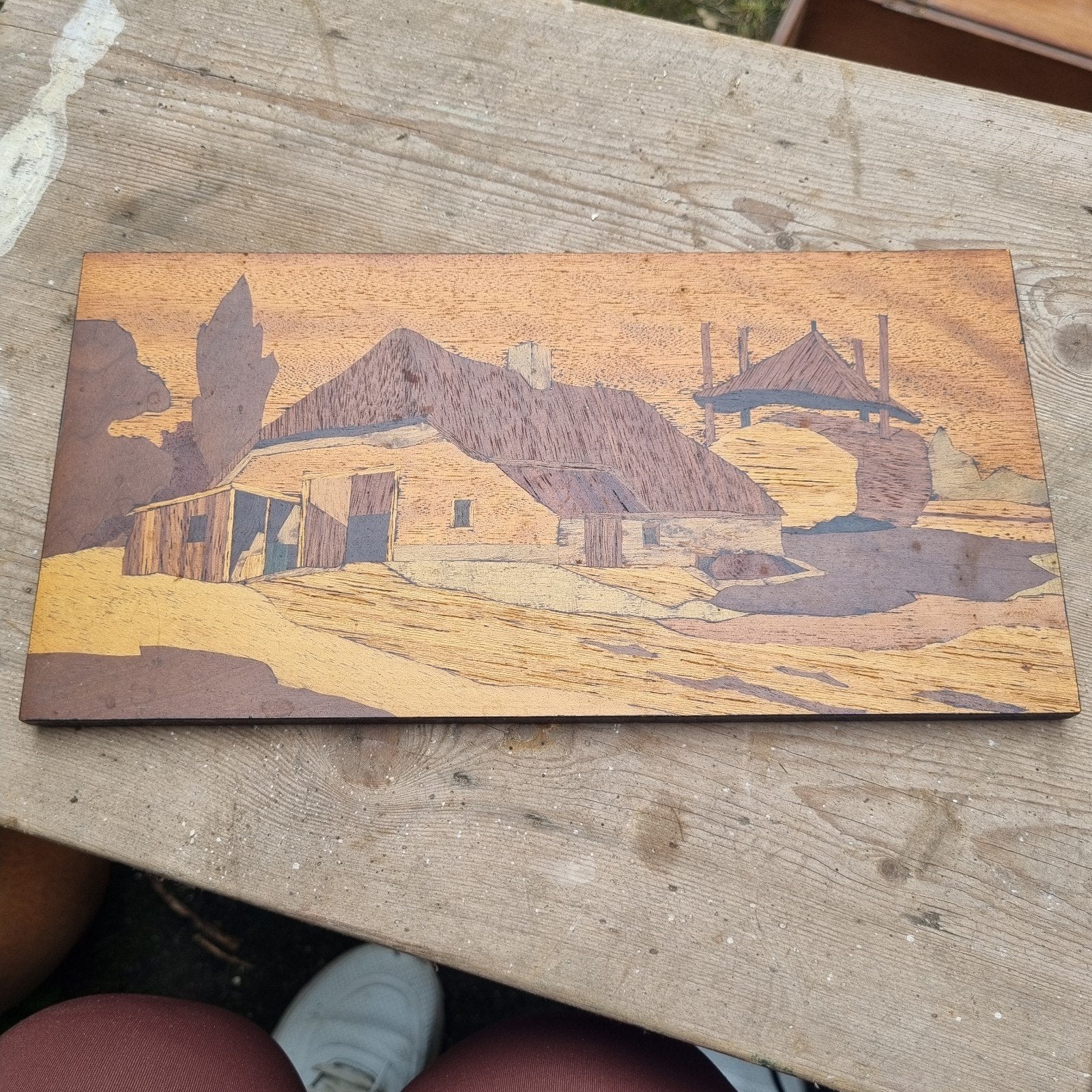 Vintage Houten Inlegwerk Plaat met Boerderijtafereel, Ophalen