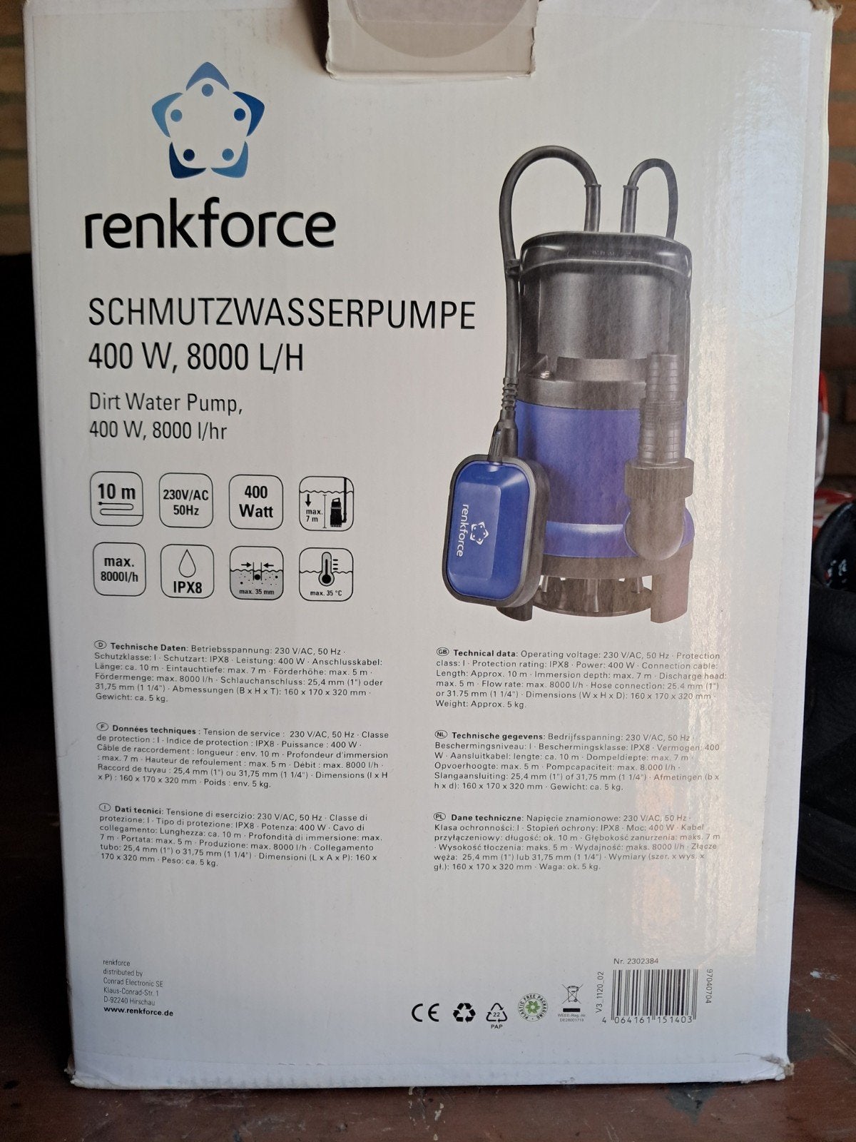 Renkforce Vuilwaterpomp 400W, 8000 L/H - Nooit gebruikt, Ophalen, Nieuw, Elektrisch, Dompelpomp