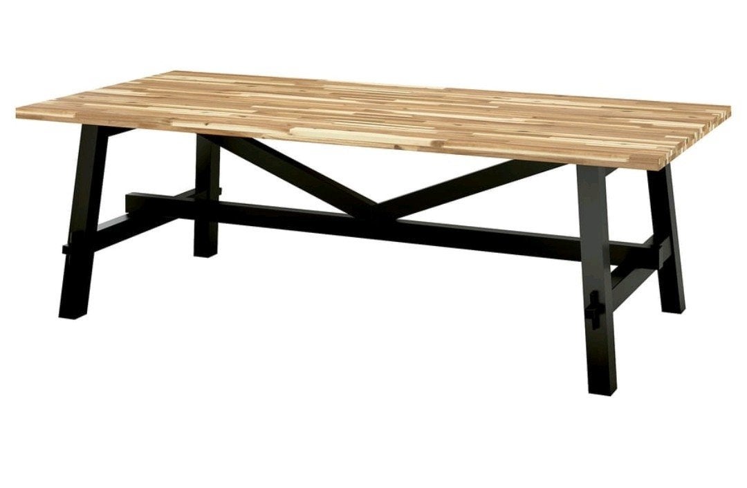 IKEA SKOGSTA Eettafel, acacia/zwart, 235x100 cm, Gebruikt, 100 tot 150 cm, Modern, Scandinavisch, 200 cm of meer
