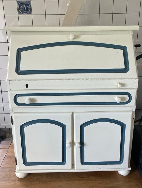 Vintage Secretaire Bureau - Wit met Blauwe Details, Huis en Inrichting, Ophalen, Gebruikt, Wit, Secretaire