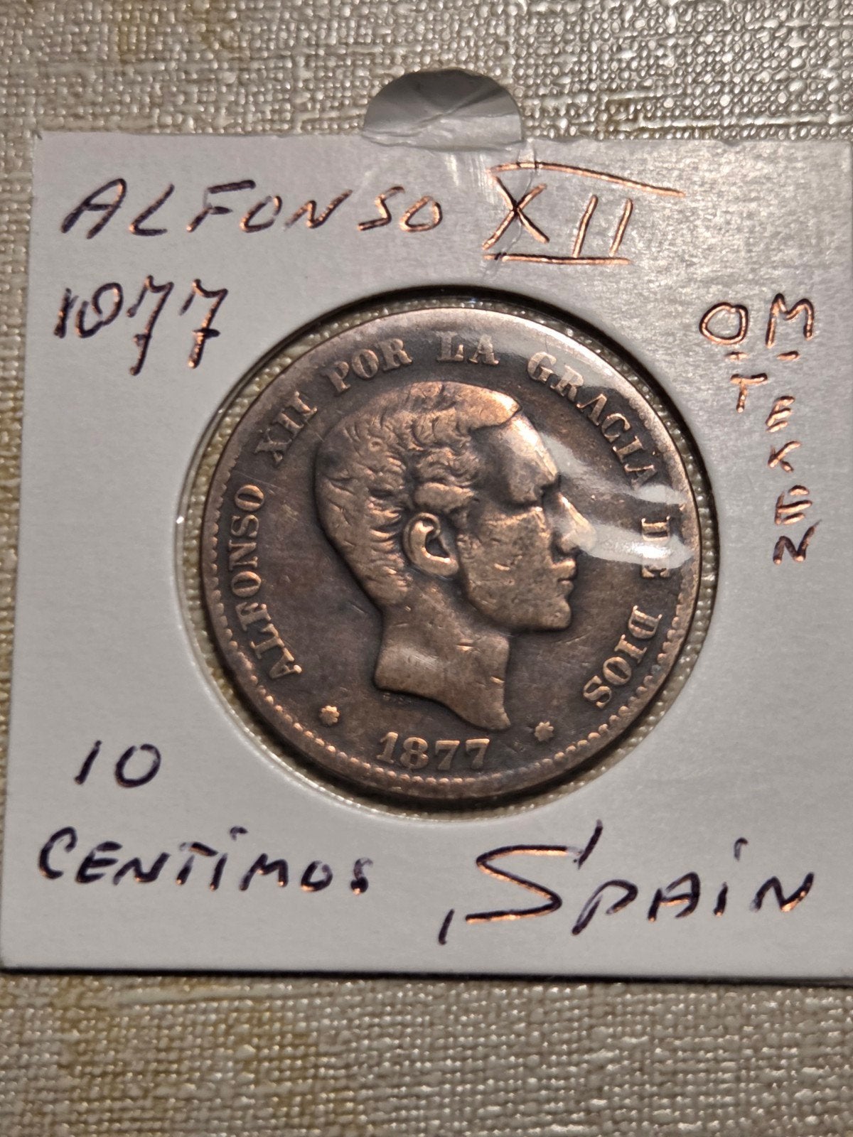 Spaanse munt Alfonso XII 10 Centimos 1877, Ophalen of Verzenden, Midden-Oosten, Losse munt