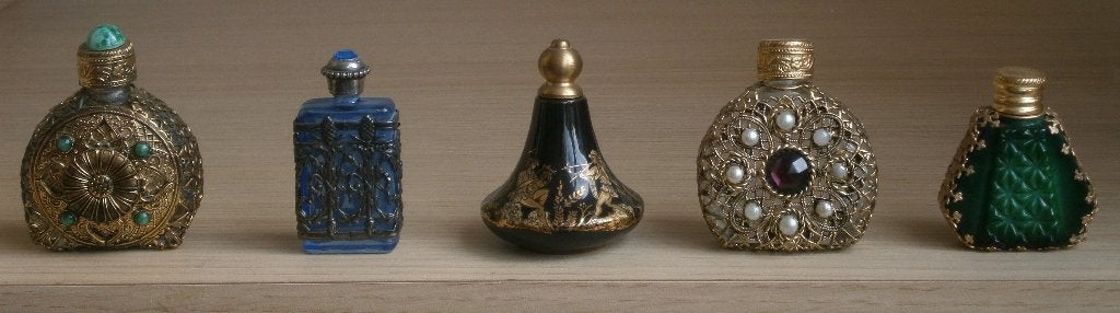 5 Vintage mini flesjes,bijz.model,van glas+div.metaal+stenen, Ophalen of Verzenden, Gebruikt, Miniatuur