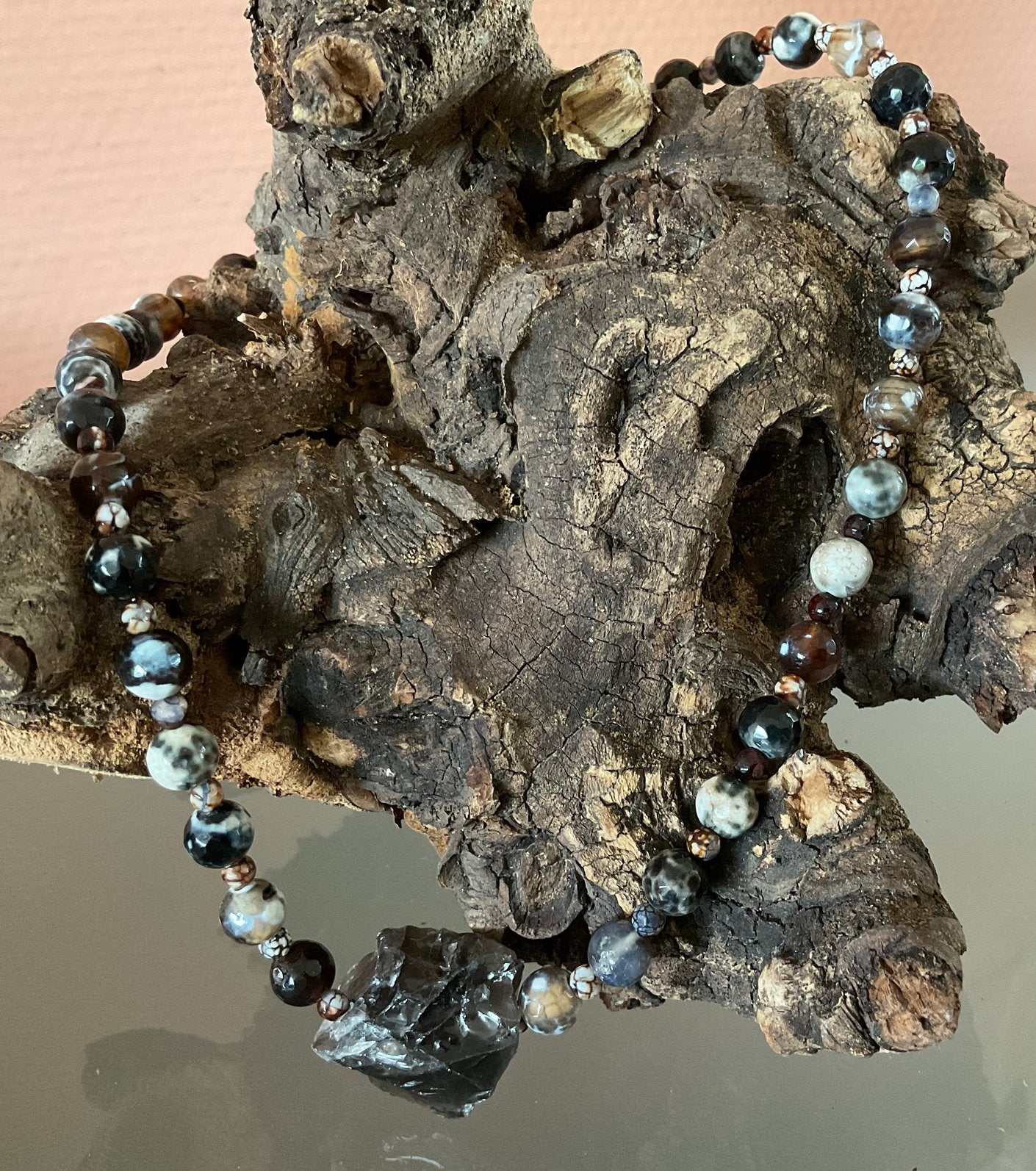 Ketting met gaat kralen en rookkwarts, Sieraden, Tassen en Uiterlijk, Kettingen, Bruin, Nieuw, Ophalen of Verzenden, Steen of Mineraal