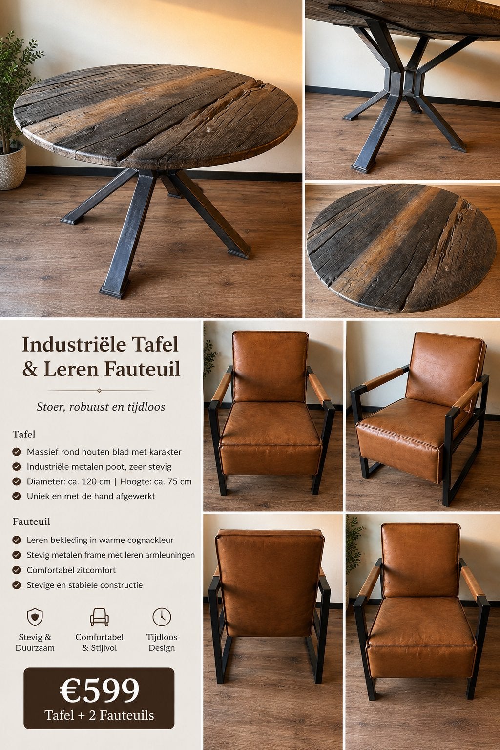 Inudustriele ronde Eettafel met 4 stoelen te loop, Huis en Inrichting, Tafels | Eettafels, Ophalen, Gebruikt, 150 tot 200 cm, Vijf personen of meer