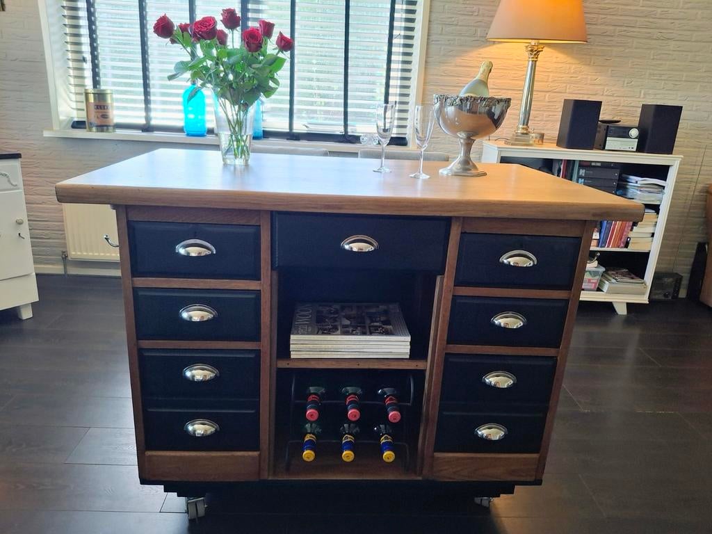 Mass. houten (keuken) Eiland-Toonbank met overstek, laden., Ophalen of Verzenden