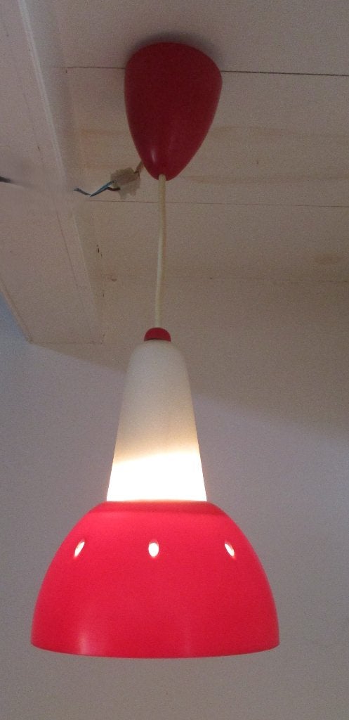 Retro vintage hanglampje rood met wit jaren 50, Huis en Inrichting, Ophalen of Verzenden, Gebruikt, Glas