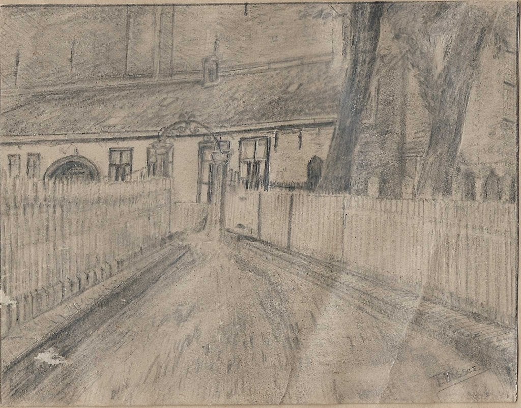 T. Visser Potloodtekening hofje muurhuizen waar ? 20e eeuw, Antiek en Kunst, Ophalen of Verzenden, Tekening, Potloodtekening, Gesigneerd