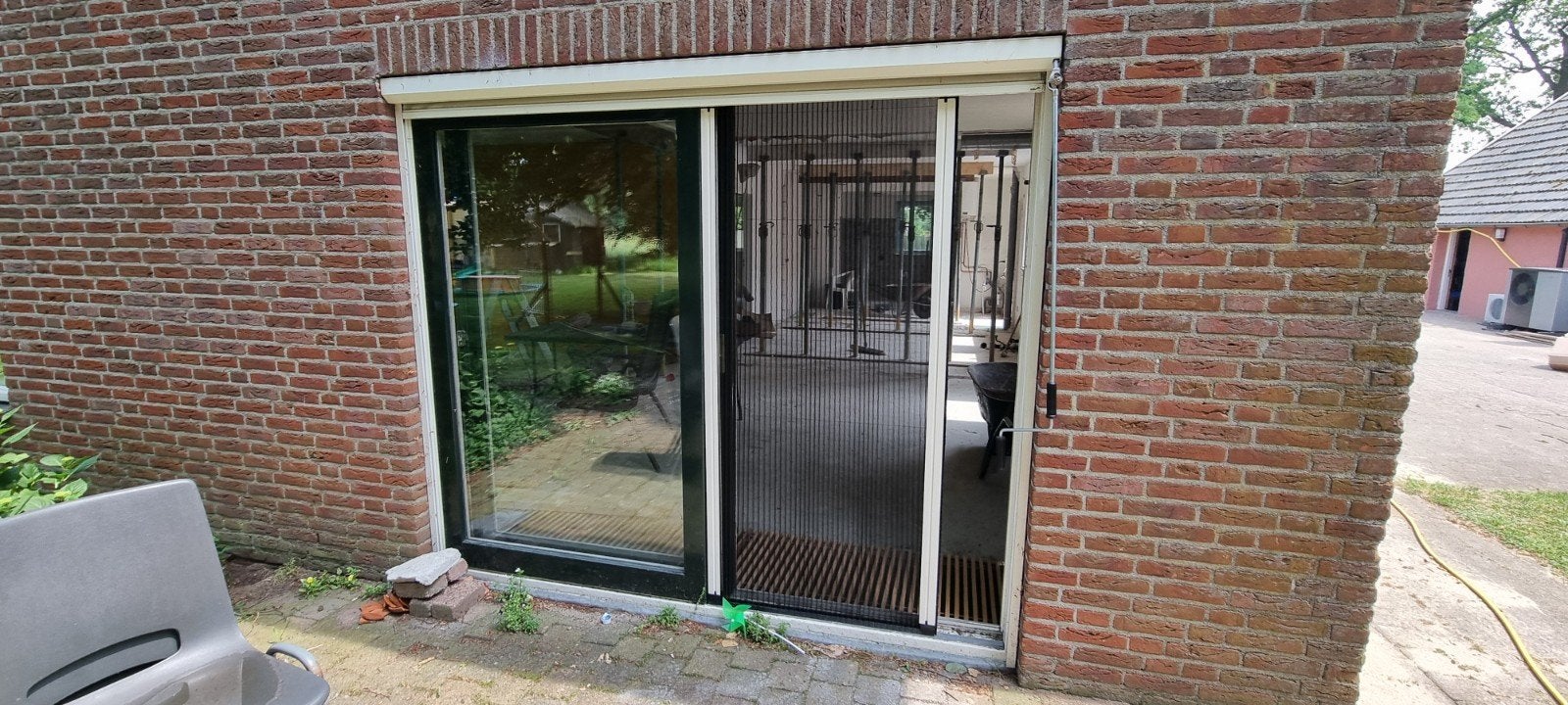 Hardhouten schuifpui met dubbel glas, hordeur en screen, Ophalen, Gebruikt