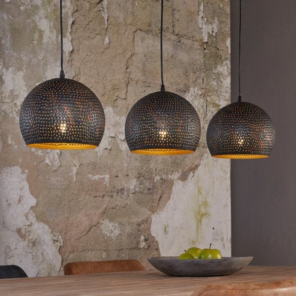 Hanglamp 3-lichts industrieel zwart/koper Ø25cm, Ophalen, Nieuw, Metaal, E27 (groot)
