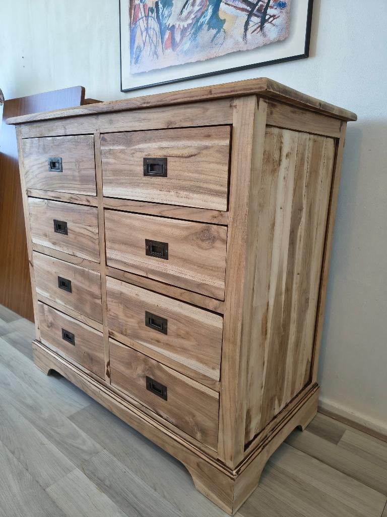 Massief Teakhouten Commode / Ladekast – 8 Laden, 100 tot 150 cm, 5 laden of meer, Rustiek, Ophalen of Verzenden