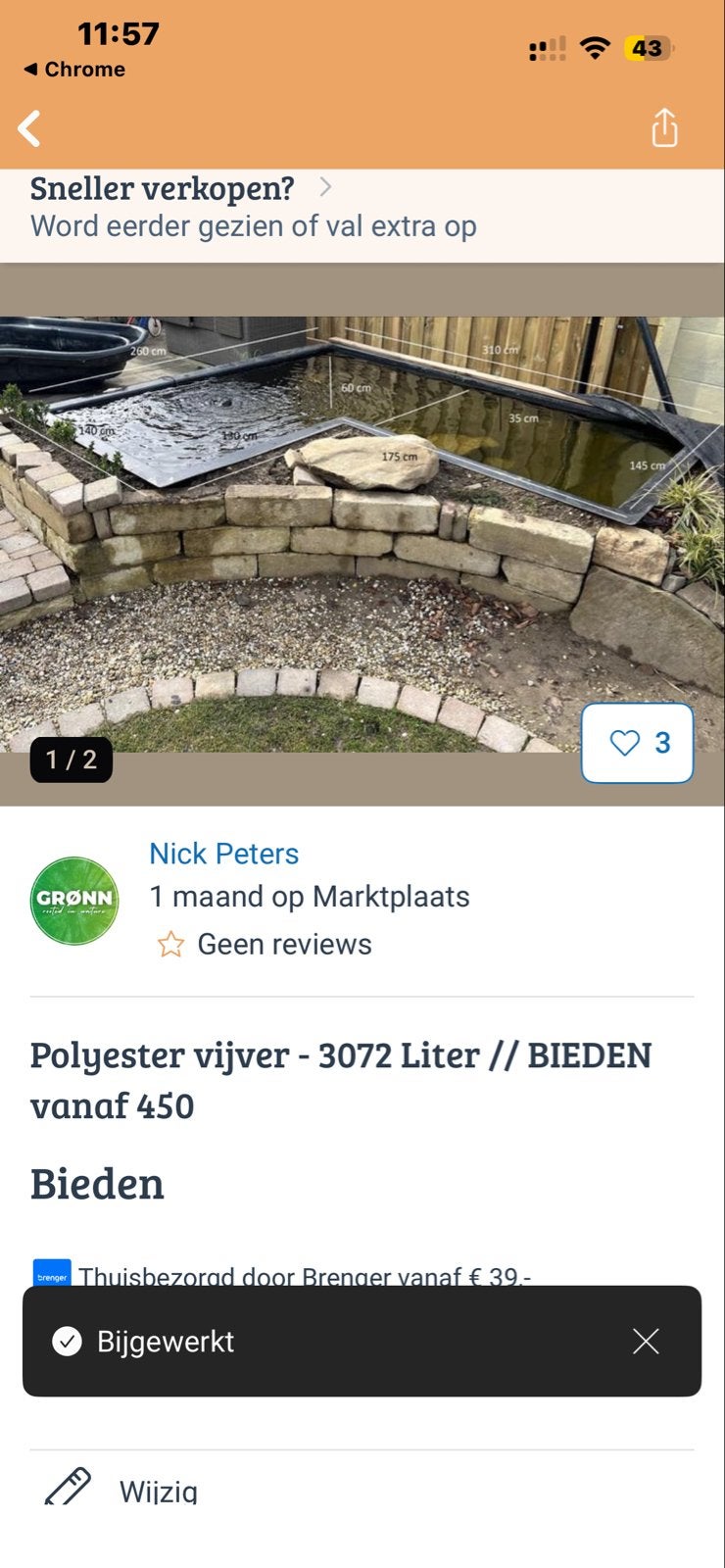 Polyester vijver 3072 liter, Tuin en Terras, Vijvers, Ophalen, Gebruikt