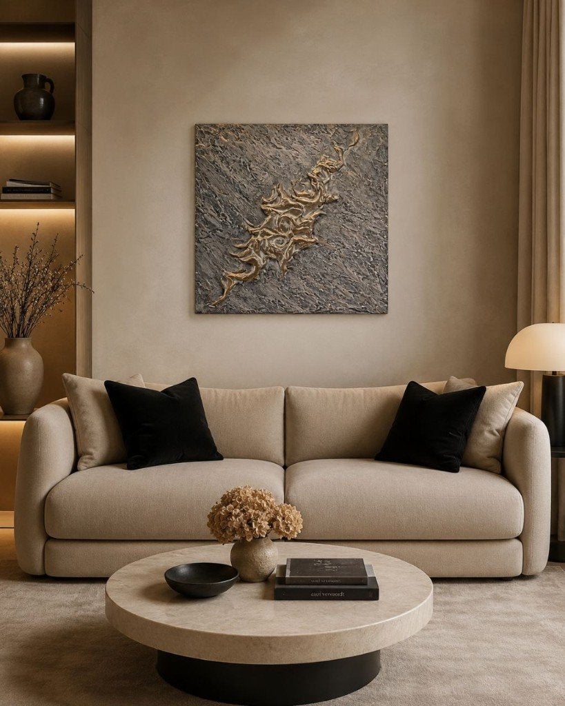 Abstract reliëf schilderij grijs goud – 6060 cm, Ophalen of Verzenden