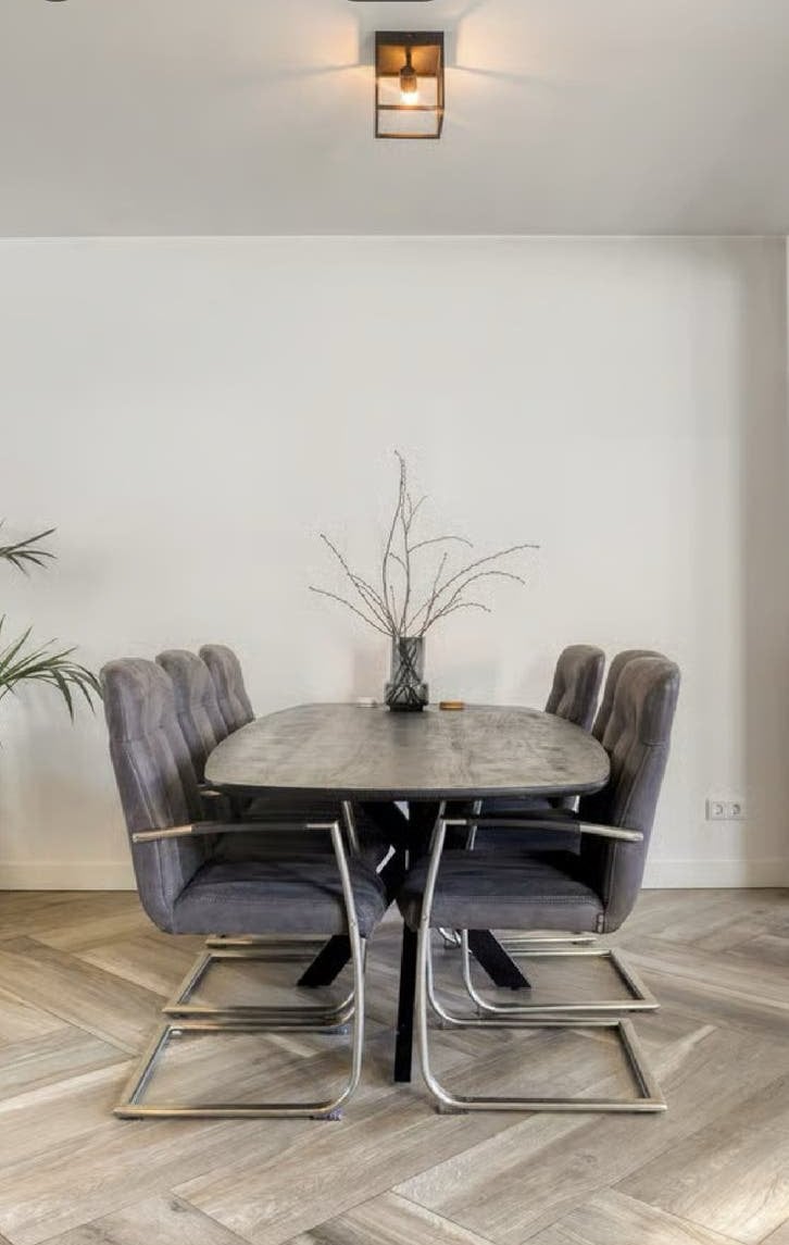 Grijze eetkamerstoelen 6, Ophalen, Gebruikt, Leer, Grijs