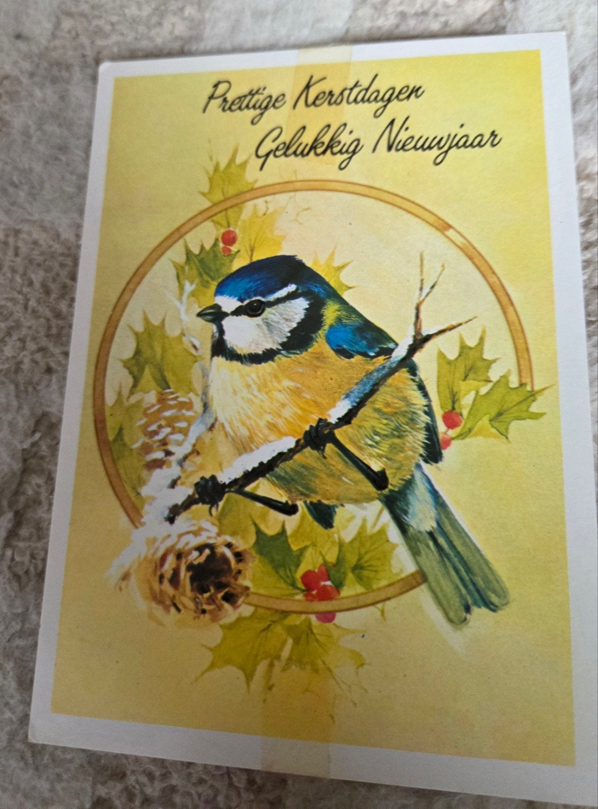 Vintage Kerstkaart met Pimpelmees en Postzegels, Verzenden, 1980 tot heden, Gelopen, Feest(dag)