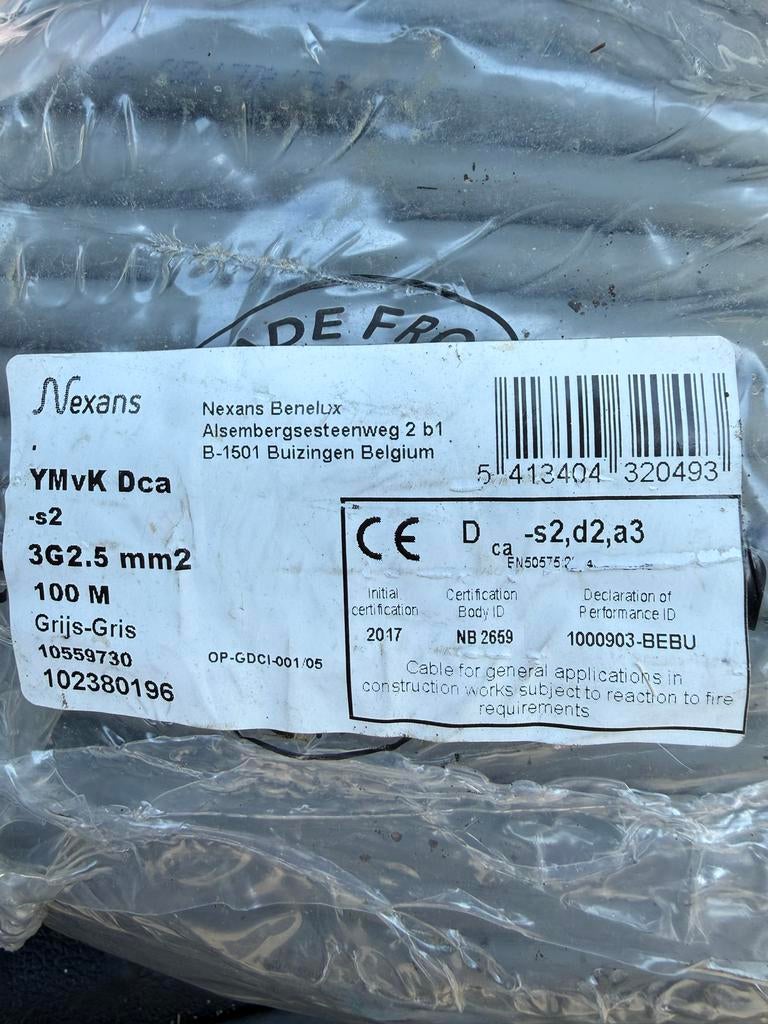 Nexans YMvK Dca 3G2.5 mm2 kabel, 100 meter, grijs, Ophalen of Verzenden, Nieuw, Kabel of Snoer