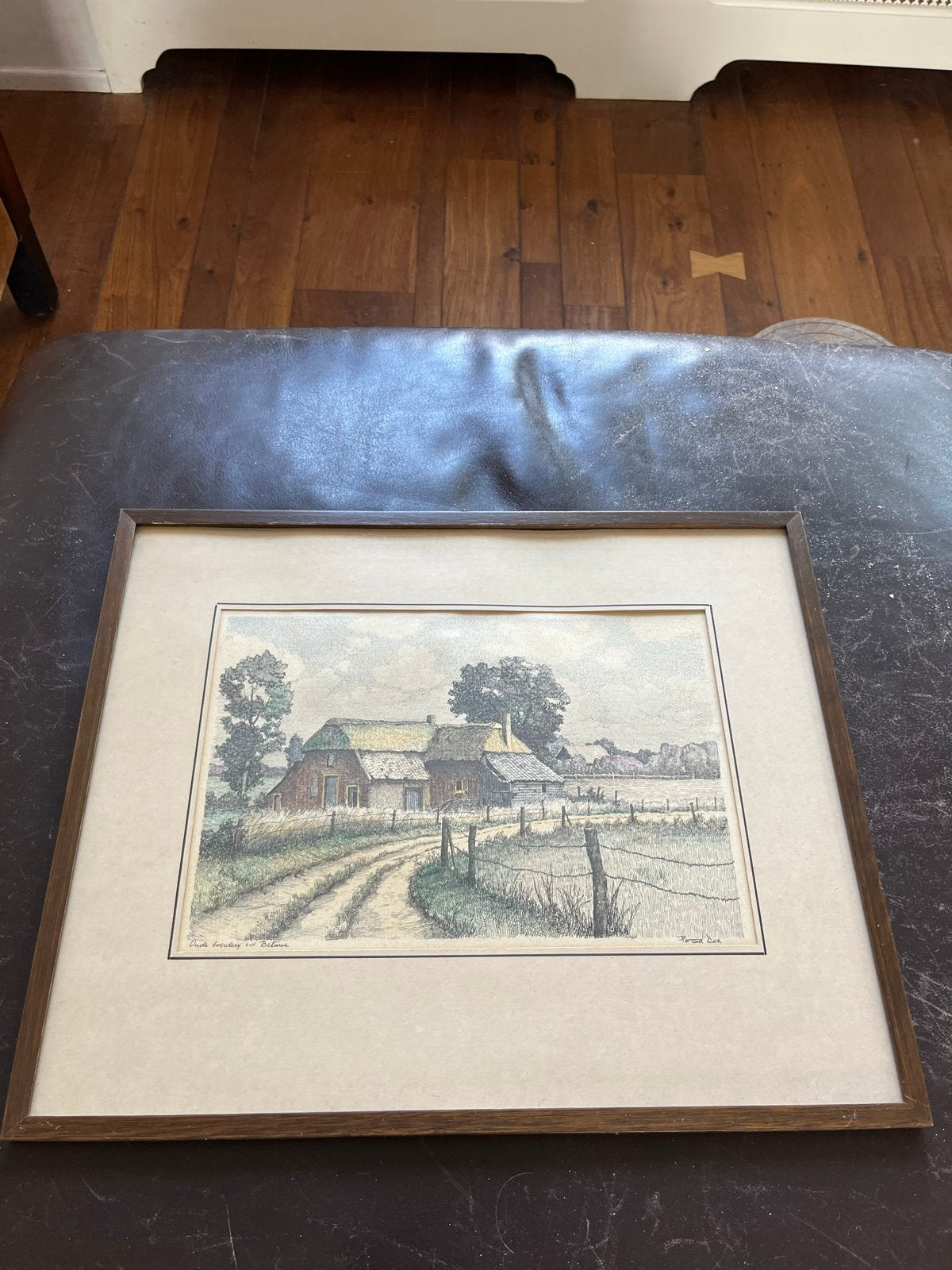 Ingelijste landelijke boerderij lithografie, Antiek en Kunst, Kunst | Etsen en Gravures, Ophalen, Ingelijst, 1950 - 1999, Landschap