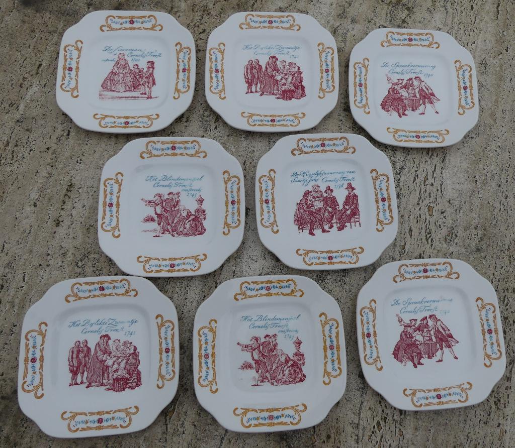 Boch La Louvière Cornelis Troost 8 x Gebaksbordjes Boch, Antiek en Kunst, Ophalen of Verzenden
