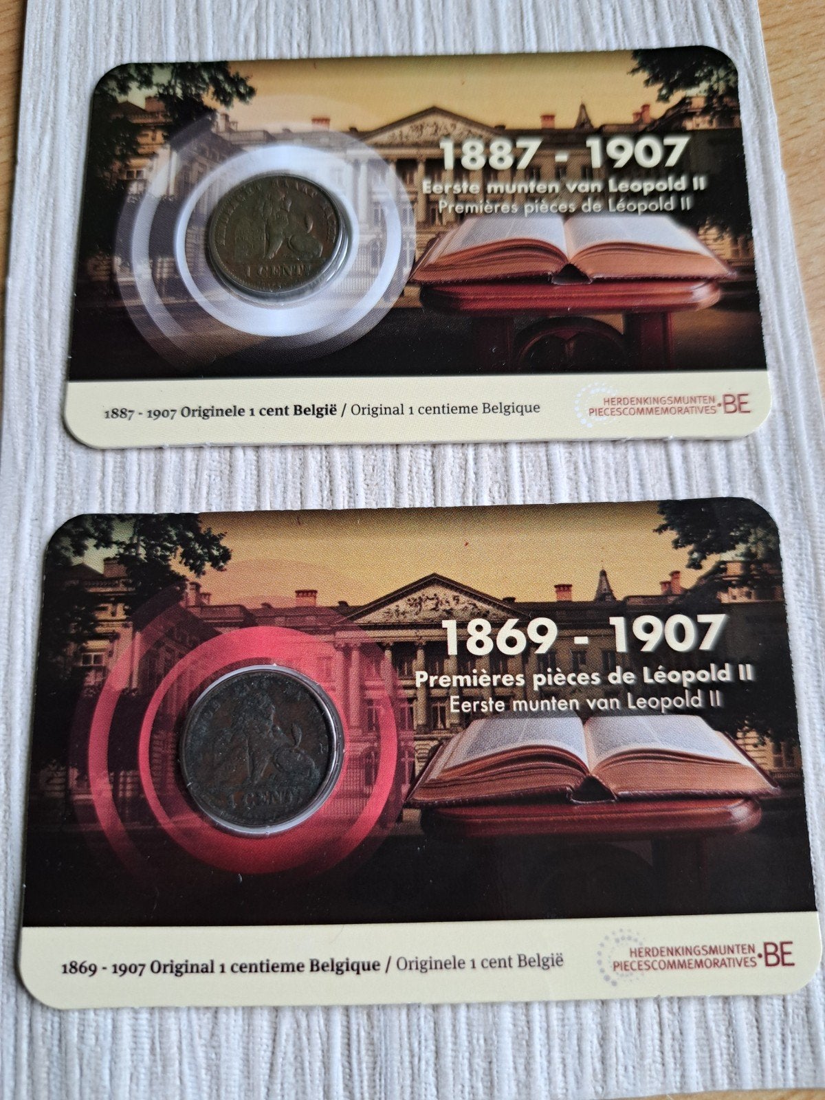 2x Coincard Eerste Munten Leopold II Waals + Vlaams, Ophalen of Verzenden, België, 1 cent