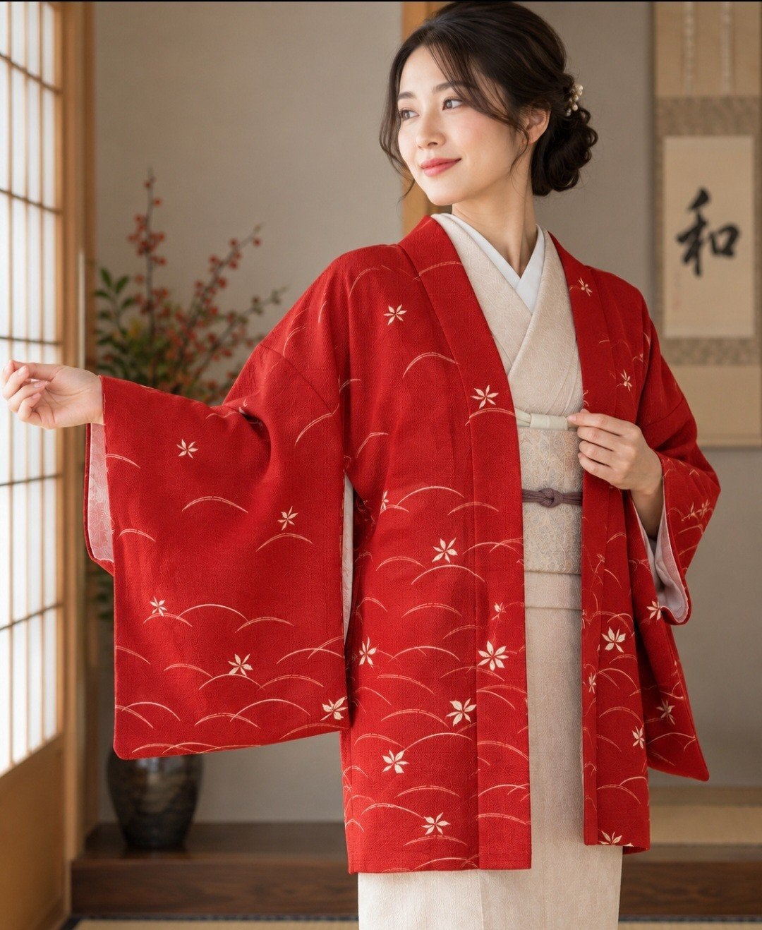 Prachtige zware vintage Japanse haori – rood – bijzondere cr, Ophalen of Verzenden