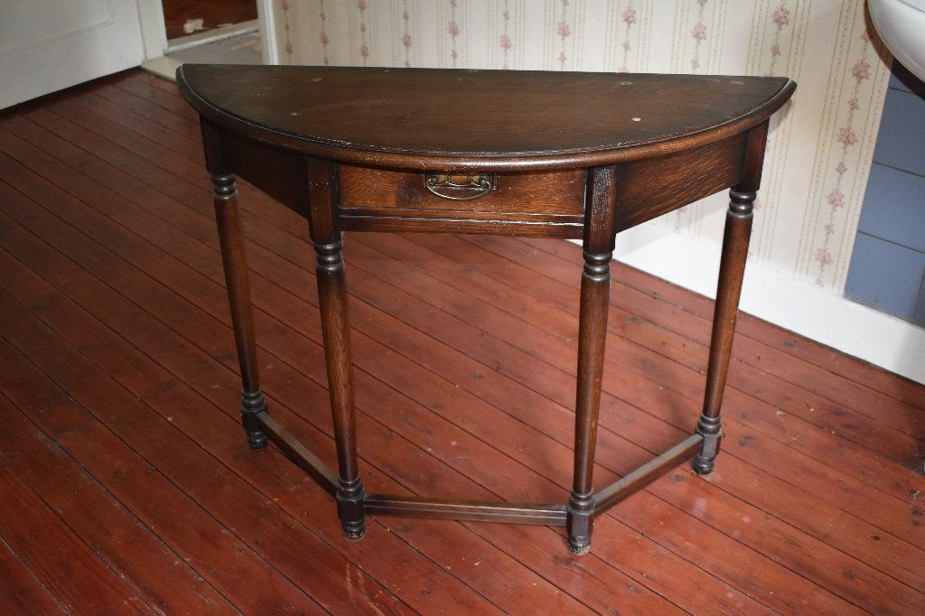 Mooie halvemaan console-/wandtafel van massief teakhout, Ophalen, Teakhout, Zo goed als nieuw, Minder dan 150 cm