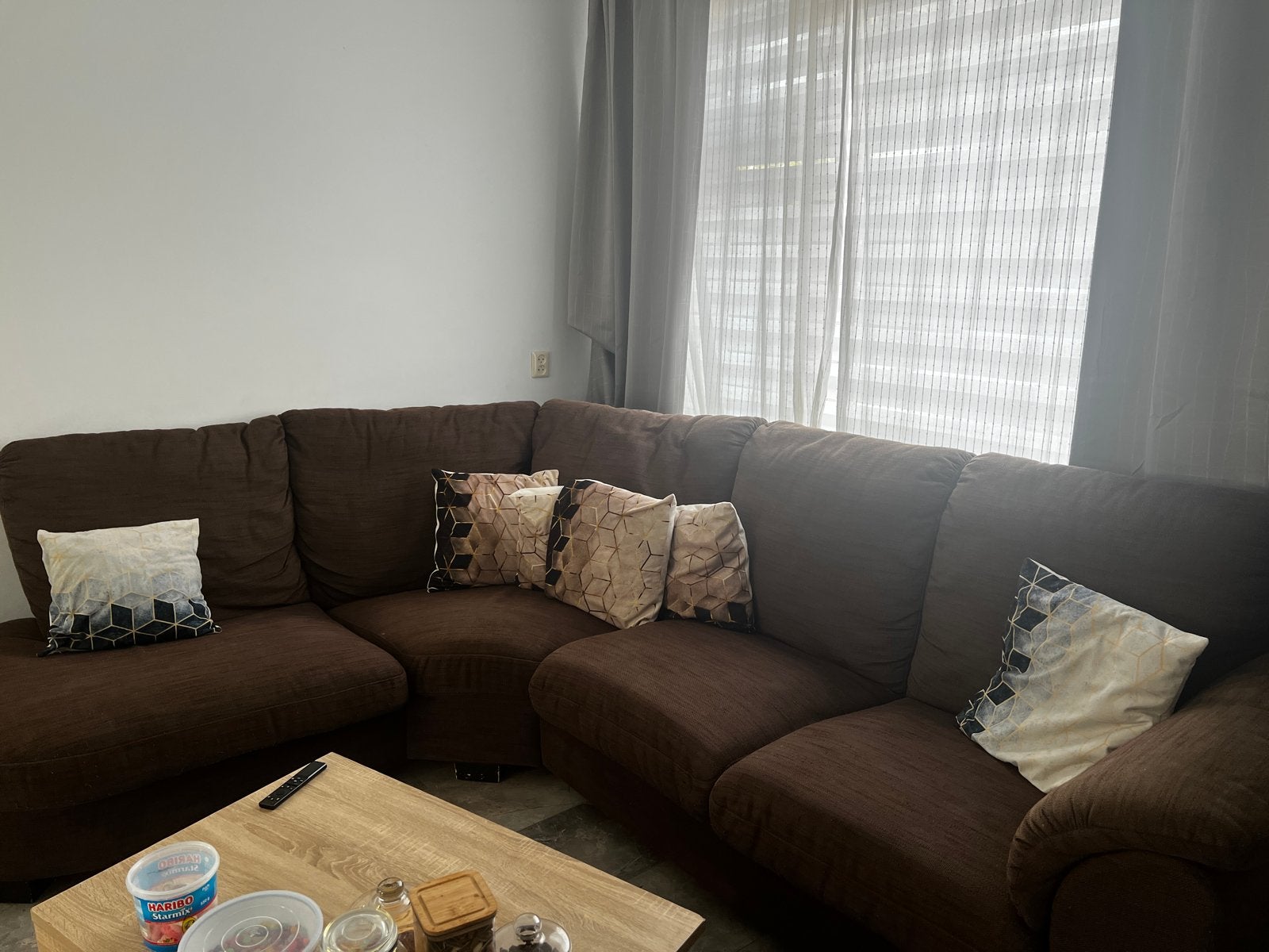 Comfortabele bruine hoekbank met fauteuil, Ophalen, Gebruikt, 100 tot 125 cm, Hoekbank