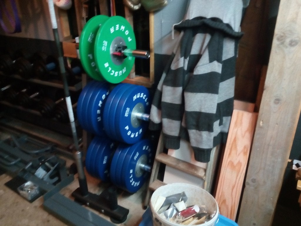 Muscle Power bumper plates, Sport en Fitness, Fitnessmaterialen, Ophalen, Zo goed als nieuw, Benen, Halterschijven