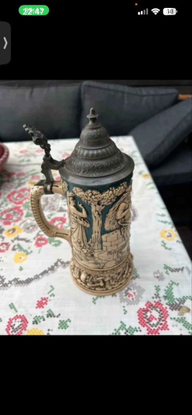Vintage Duitse Bierpul met Melusine Reliëf en Tinnen Deksel, Ophalen of Verzenden