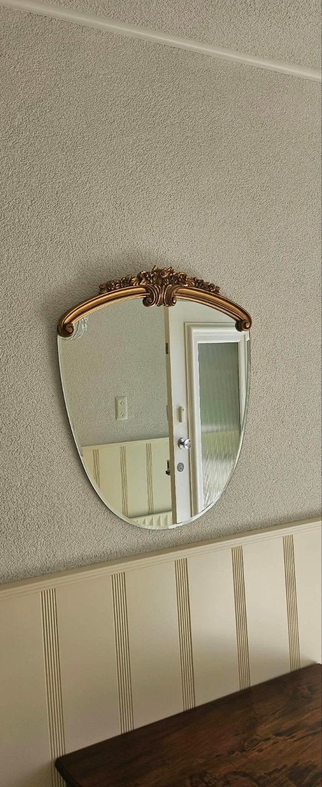 Vintage spiegel met gouden barok lijst, Ophalen, Gebruikt, Minder dan 100 cm, Ovaal
