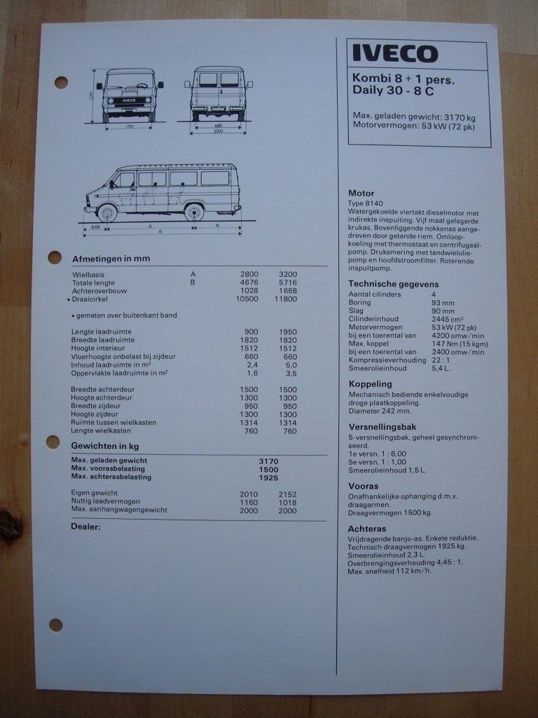 Iveco Daily 30-8 C Specificatie folder 1983 Kombi, Iveco, Ophalen of Verzenden, Zo goed als nieuw, Overige merken