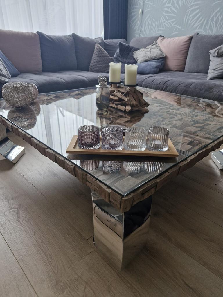 Prachtige salontafel met glasplaat - 120x120 cm, Gebruikt, 100 tot 150 cm, Vierkant, Ophalen of Verzenden