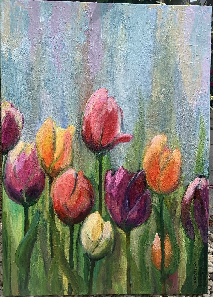 Abstract fleurig kleurig schilderij acryl: Tulpen in Reliëf, Ophalen of Verzenden