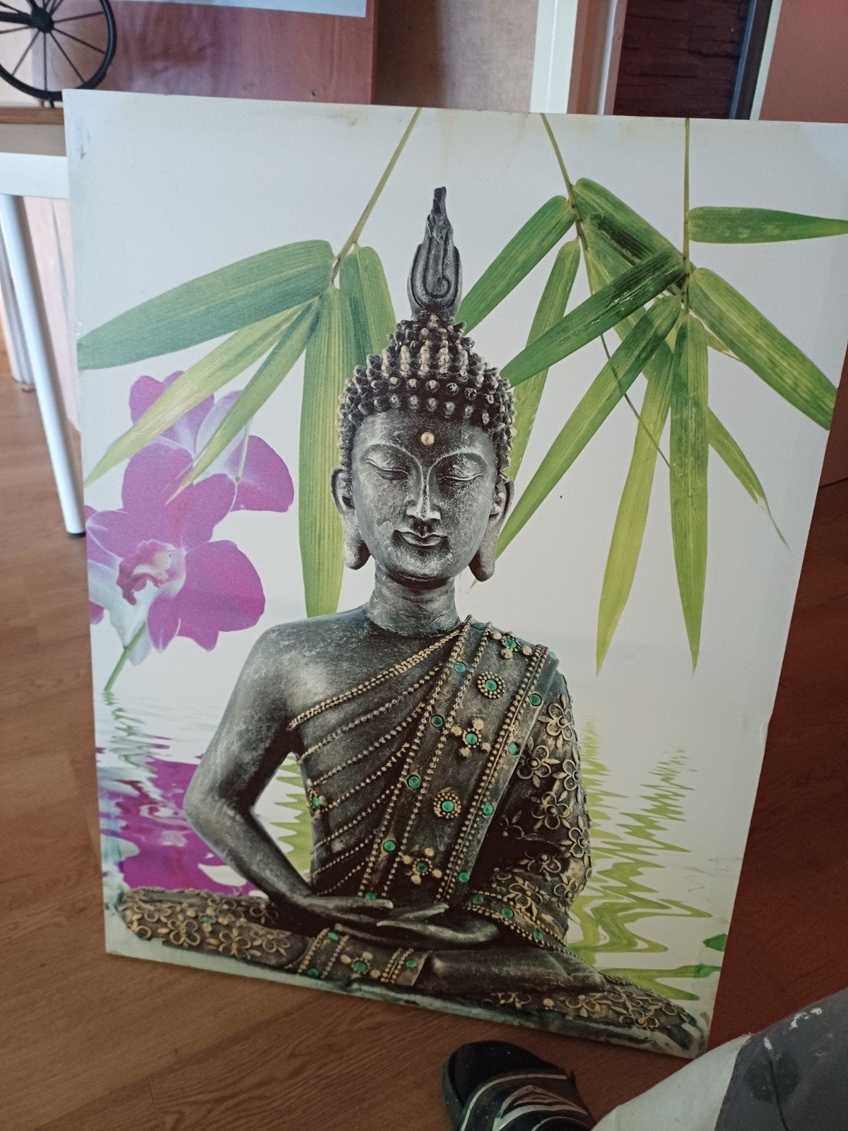 Boeddha schilderij met bamboe en orchidee, Ophalen of Verzenden, Zo goed als nieuw, Meerkleurig, Gouden accenten
