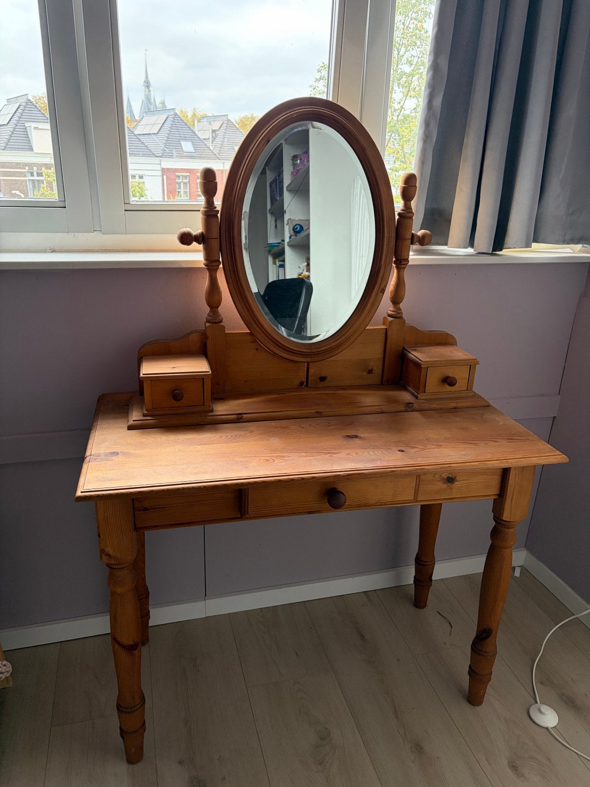 Vintage houten make-uptafel met spiegel en 3 lades, Ophalen, Gebruikt, 100 tot 150 cm, 50 tot 100 cm