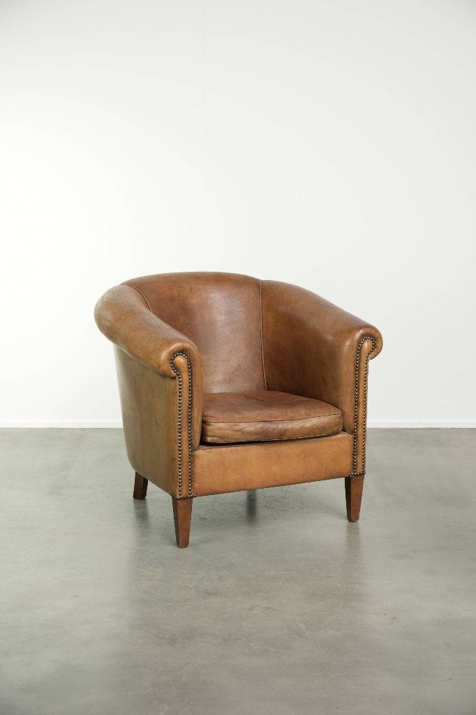 Grote en comfortabele vintage schapenleren clubfauteuil, Huis en Inrichting, Ophalen, Gebruikt, Vintage, /
