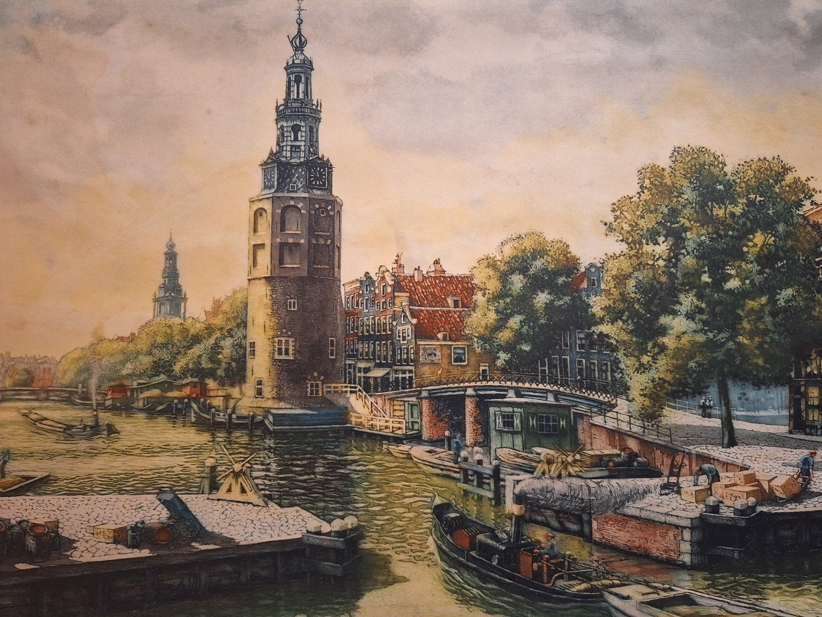 Kleurenets Amsterdam door Brandenburg, Ets, Stadsgezicht, Ophalen of Verzenden, Gesigneerd