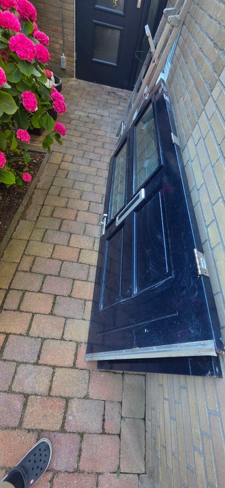 Buitendeur van hardhout met glas, Doe-het-zelf en Verbouw, Ophalen, Gebruikt, 80 tot 100 cm, Buitendeur