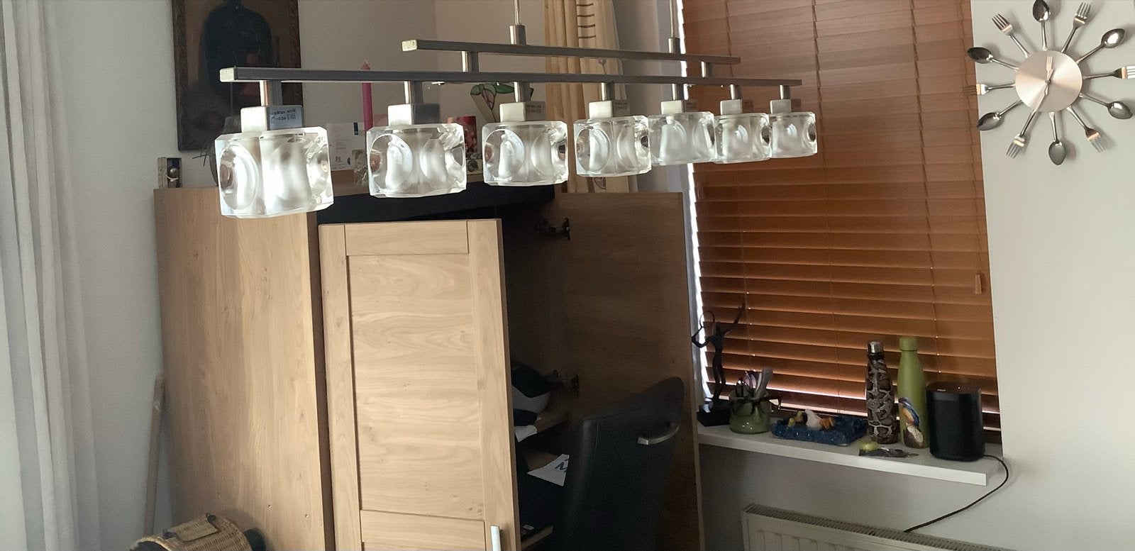 rvs hanglamp met 6 glazen blokken ( ice cube ), Ophalen, Gebruikt, Glas, G9