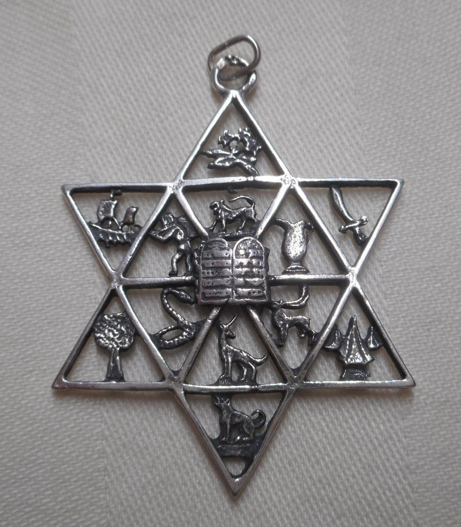 Zilveren David ster hanger met 12 Joodse stammen nr.1735, Verzenden, Zo goed als nieuw, Kruis of Symbool, Zilver