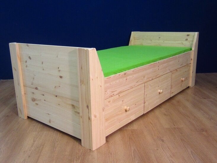 1-persoonsbed JENNIFER 3 laden met houtknop, 85 tot 100 cm, Nieuw, Ophalen of Verzenden, Matras