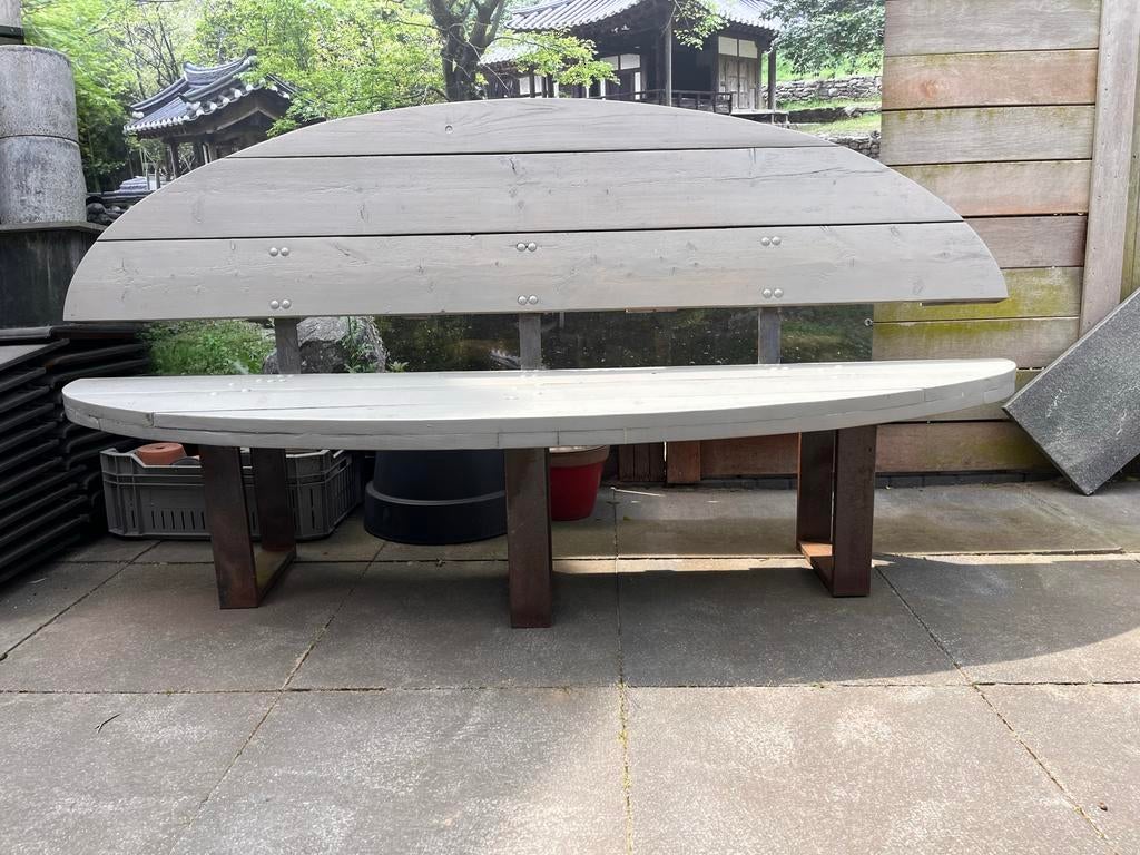 Echt unieke stijgerhouten tuinbank met metalen onderstel, Tuin en Terras, Ophalen, 4 zitplaatsen, Gebruikt, Bank