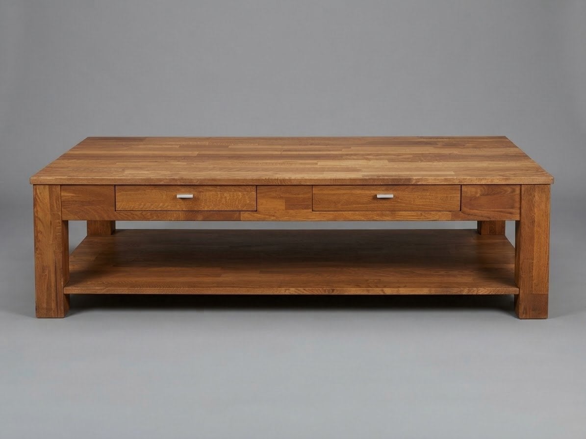 Massief eikenhouten salontafel met lades en opbergplank, 100 tot 150 cm, Eikenhout, Zo goed als nieuw, 50 tot 100 cm