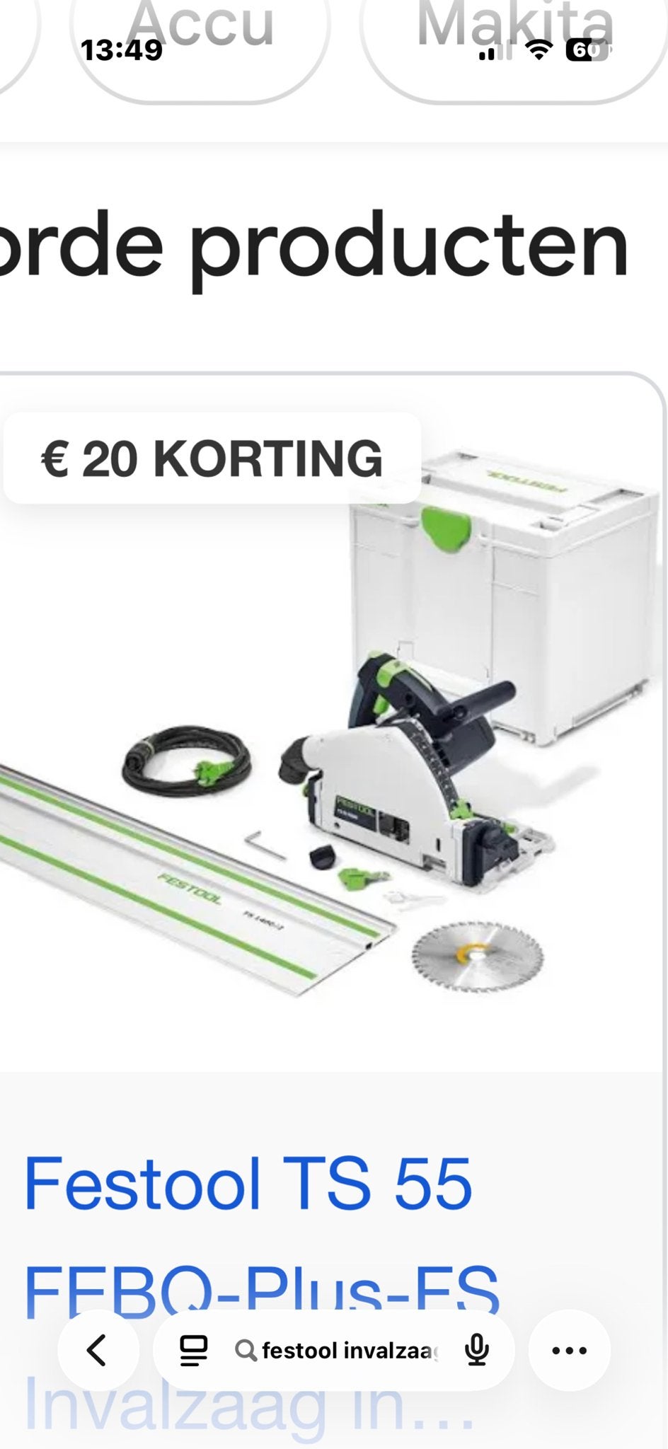 Festool Invalzaag TS 55 met lange geleider en extra zaagblad, Ophalen of Verzenden, Zo goed als nieuw, Invalzaag