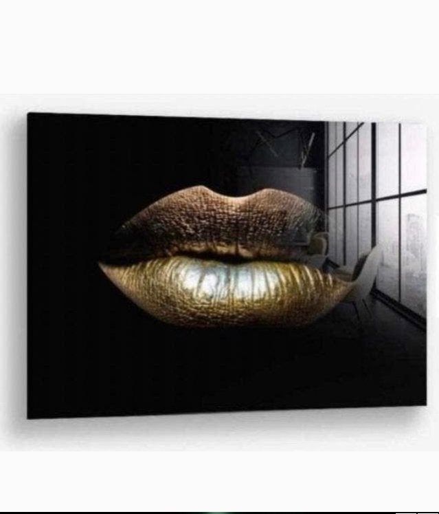 Modern Glas Schilderij Golden Lips 120x80cm, Ophalen