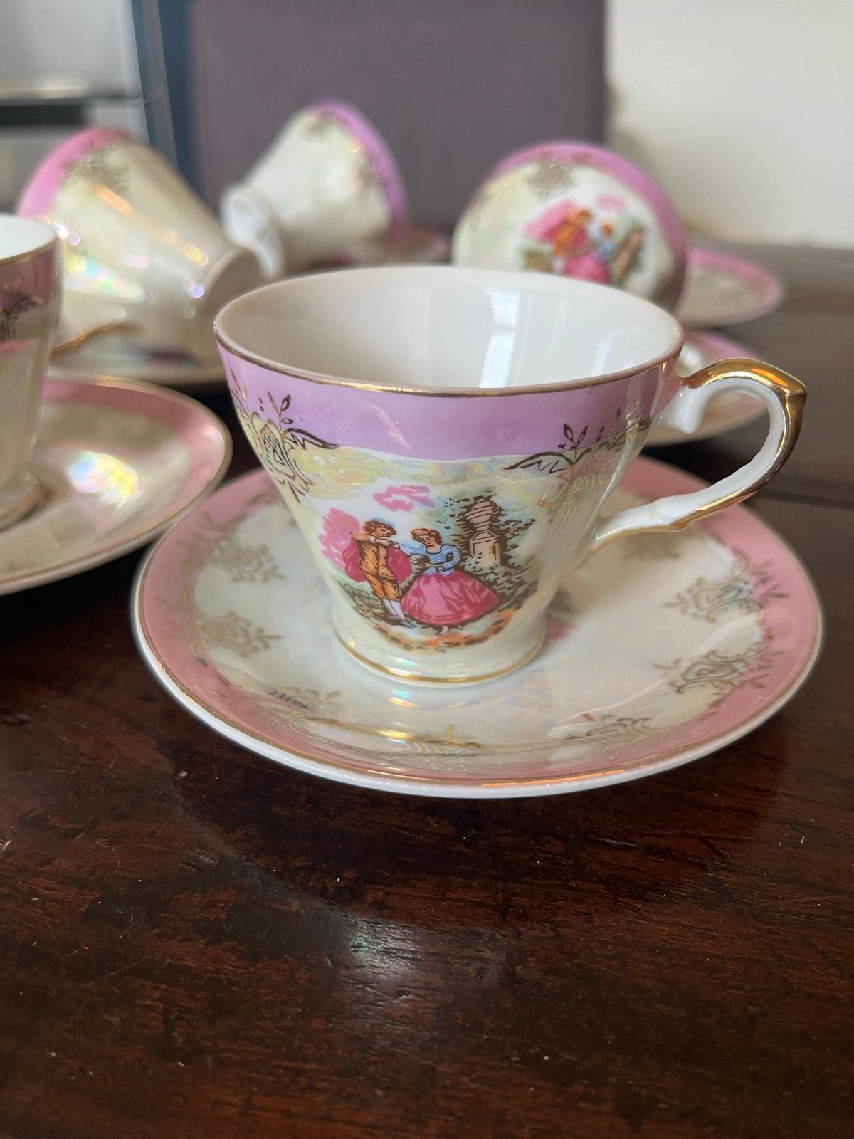 Vintage Versailles theekopjes en schotels, roze/goud, Antiek en Kunst, Ophalen of Verzenden
