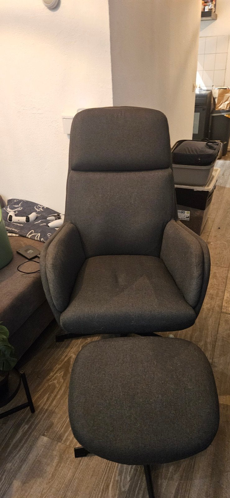 Relaxfauteuil TANKEDAL met voetenbank - Donkergrijs, Huis en Inrichting, Ophalen, Gebruikt, 100 tot 125 cm, Metaal