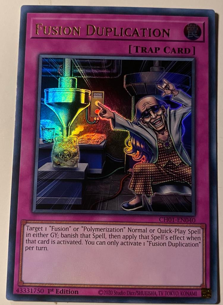 Yu-Gi-Oh! Fusion Duplication CH01 1st Edition !, Ophalen of Verzenden, Zo goed als nieuw, Losse kaart, Foil