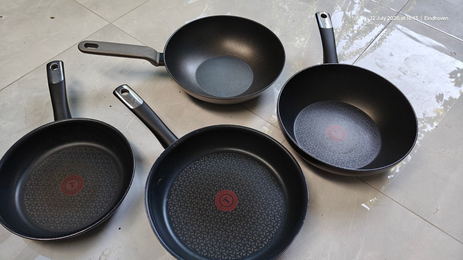 pannen set - Koekenpannen en Wokpan, Huis en Inrichting, Keuken | Potten en Pannen, Ophalen, Gebruikt, Rvs, Pannenset