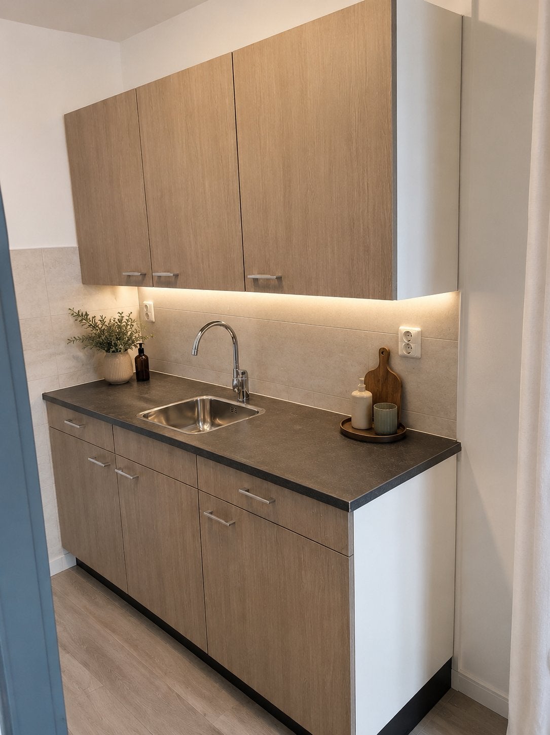 Complete bruynzeel keuken front zilver eiken en blad rocky, Ophalen, Nieuw, Wit, Enkelwandige keuken