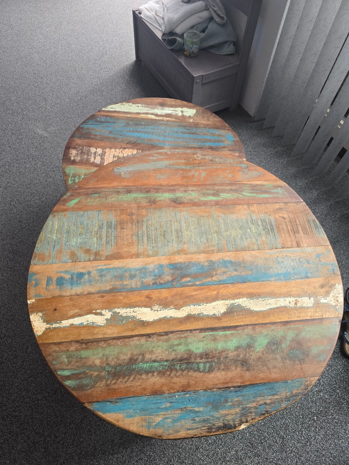 Set van 2 ronde bijzettafels van gerecycled hout, Ophalen, Gebruikt, 50 tot 100 cm, Rond