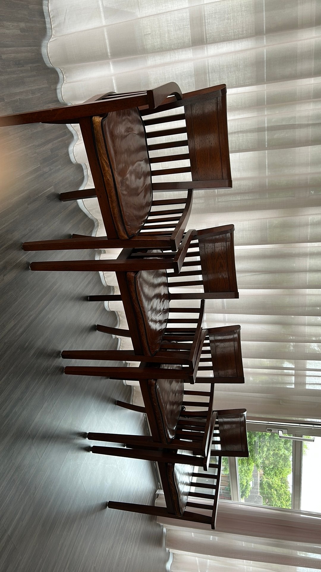 Frans eiken eerkamerstoelen met losse leren ziting, Huis en Inrichting, Stoelen, Ophalen, Gebruikt, Bruin, Leer
